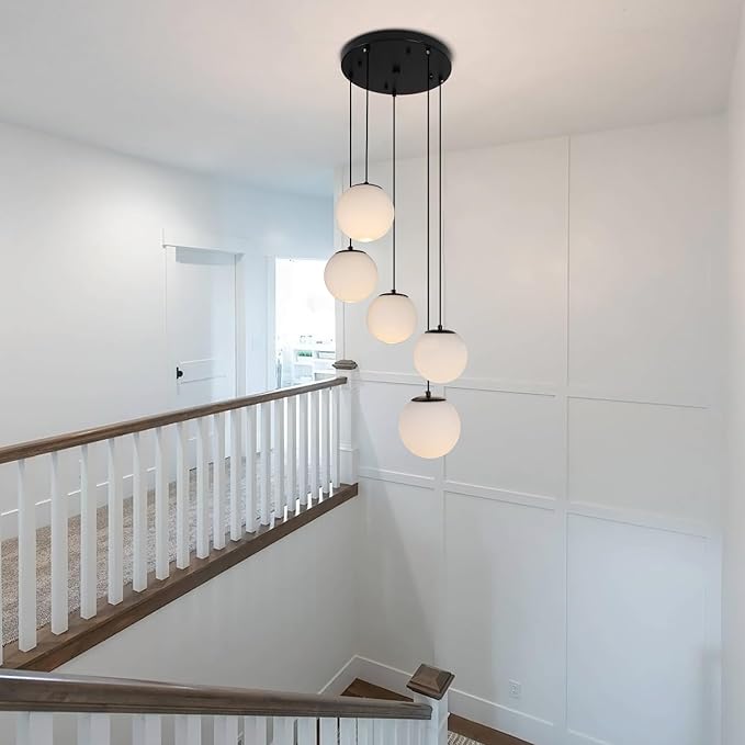 Modern Globe Cluster Chandeliers, 5 Lights White Glass Pendant Light Multi Cluster Pendant Lighting Mid Century Chandelier for Living Room Staircase Foyer Entryway, Black