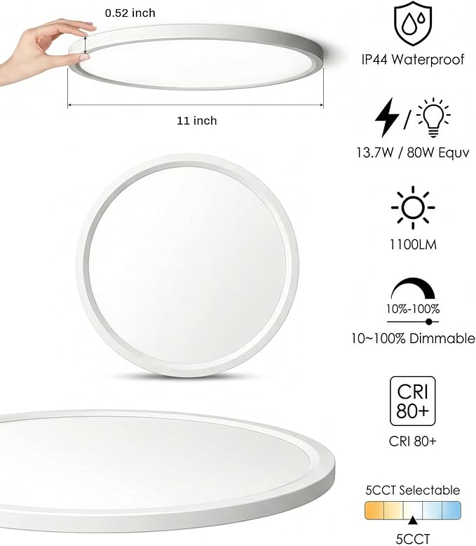 LEDYOND 11 Inch Flush Mount Ceiling Light 2 Pack White, 5CCT 3000K-6500K, 1100LM Dimmable LED Flat Panel Light, 0.52in Ultra Thin, Push-In Installation, Round Ceiling Light for Bedroom Kitchen Hallway