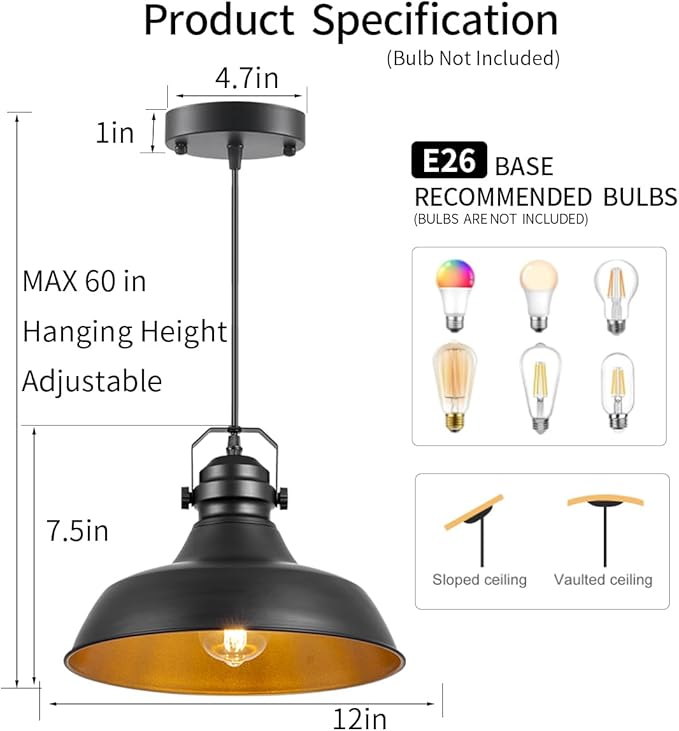 Farmhouse Pendant Light,11.8-inch Barn Vintage Hanging Light Fixture for Kitchen Island,Adjustable Height, 2 Pack Kitchen Island Lighting