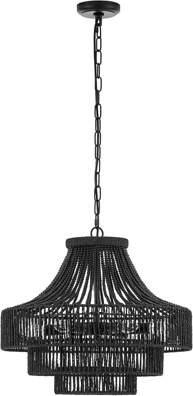 20" Black Wood Beaded Rattan Chandelier Boho Hand Woven Pendant Light for Dining Living Room Kitchen Bedroom, UL Listed