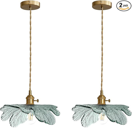 Gold Pendant Light Set of 2, Modern Hanging Ceiling Fixture with Dark Green Hand Blown Flower Glass Shade for Kitchen Island Dining Room Bedroom