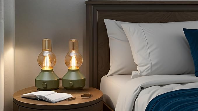 Vintage Rechargeable Cordless Table Lamp 2 Pack,Dimmable Rotary Control, Small Battery-Powered,Hand-Blown Glass, Bulbs Included,Retro Farmhouse Lamp for Bedroom, Living Room, Kitchen,Green