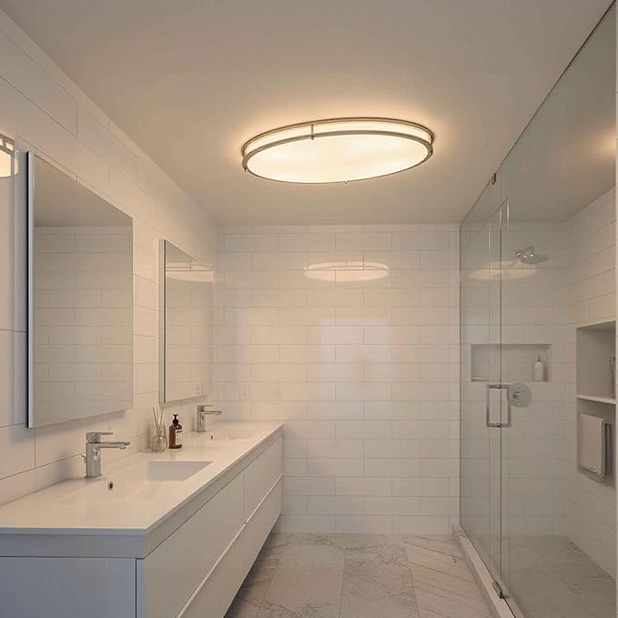 24 Inch Oval Brushed Nickel Ceiling Light-Flush Mount LED Ceiling Light 3000K/4000K/5000K Adjustable Brushed Nickel LED Bathroom Bedroom Lights 24” Kitchen Lamp, 32W, 2100LM, Steel and Polystyrene