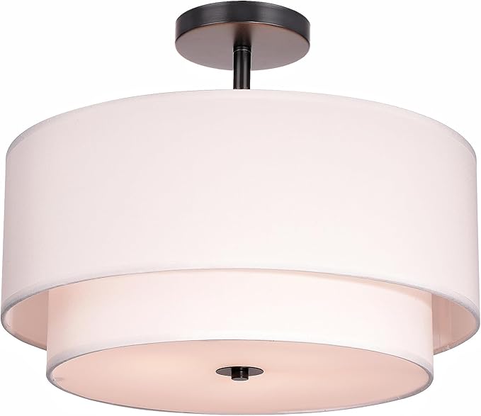 FRIDEKO HOME 3-Light Semi Flush Mount Ceiling Light,15.7 inch Ceiling Light Fixture with White 2-Layer Fabric Shade Drum Lights for Bedroom Living Room Kitchen Foyer Hallway