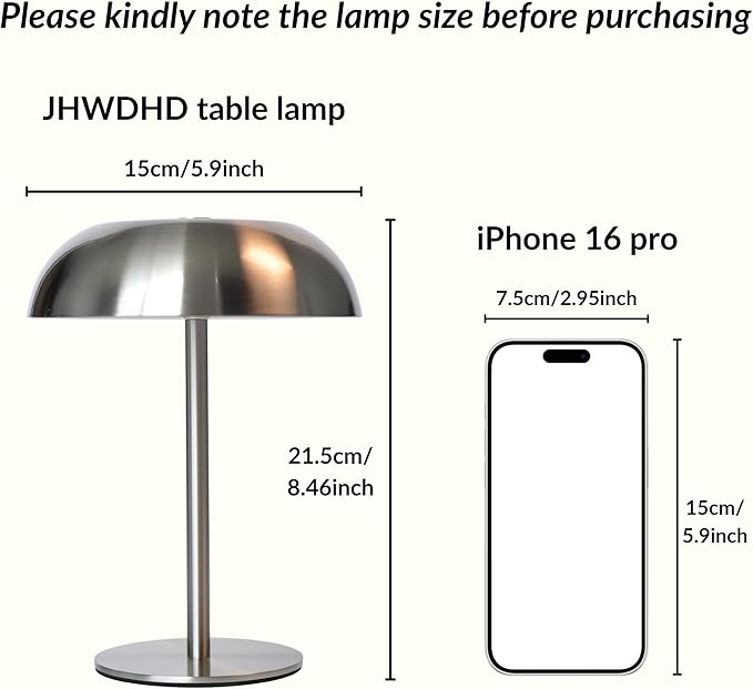 Portable LED Mushroom Table Lamp, 8.46'' Metal Small Cordless Desk Night Light with 5200mAh Rechargeable Battery, Stepless Dimming Lamp with 3 Colors for Bedroom/Bar/Coffee Shop (Silver)