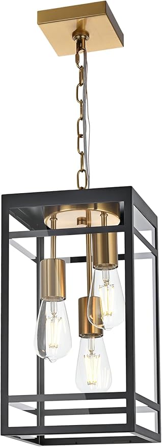 Large Outdoor Pendant Light Fixture for Porch, Black Brass Outdoor Hanging Lantern Pendant Light with Clear Glass, 3 Lights Exterior Porch Chandelier for Outside Patio,Front Door,Enterway