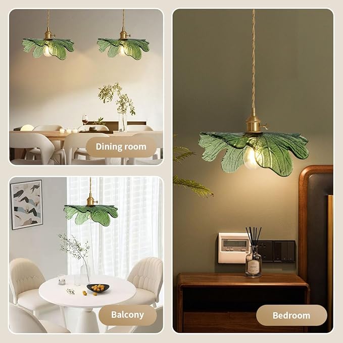 Vintage Pendant Lights Green Glass Pendant Lighting Kitchen Island Hand Blown 1-Light Brass Pendant Light Farmhouse Hanging Light fixtures with Glass Shade for Dining Room Bedroom