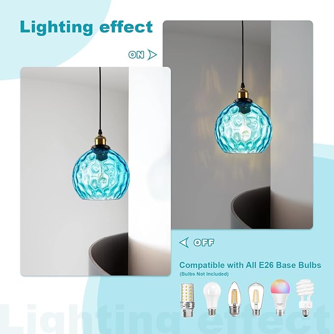 Blue Globe Glass Plug in Pendant Light Mid Century Modern Hanging Ceiling Light Fixture 14.75FT Black Plug in Chandelier Lighting for Bedroom Living Room Dining Room, Corner Light Fixtures