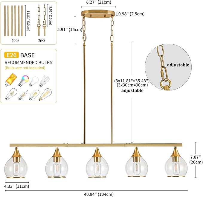 Island Light for Kitchen, 5-Light Gold Kitchen Island Linear Hanging Light Chandeliers, Brushed Gold Dining Room Light Fixture Over Table with Clear Round Glass Shades