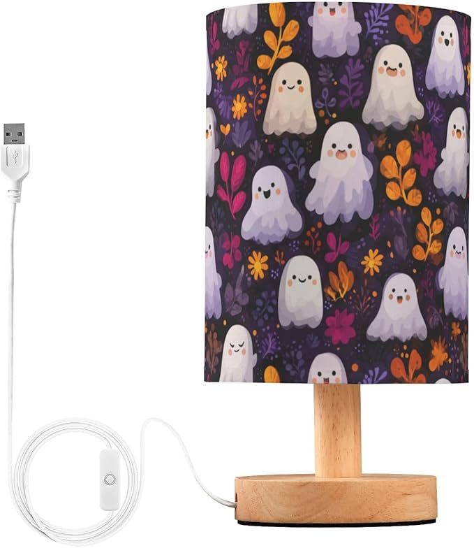 Aslsiy Cute Halloween Ghost Leaves Bedside Table Lamp Black Nightstand Lamp Night Light Fabric Shade for Bedroom Living Room Home Office