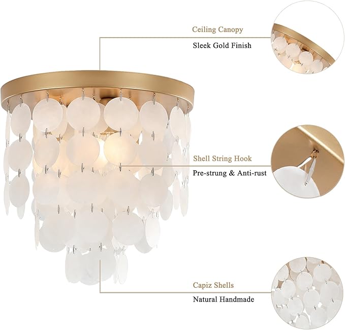 Capiz Shell Flush Mount Ceiling Light Fixture, 11.8" Gold Modern Chandelier for Bedroom, Living Room, Bathroom, Kitchen, Dining Room, Hallway, Entryway, Nursery, Closet Dimmable Coastal Lighting