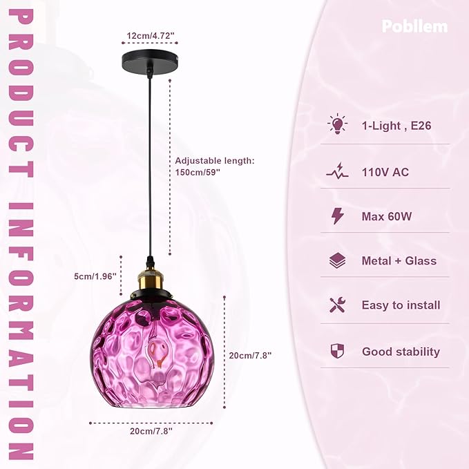 Modern Hammered Pendant Light Purple Glass Hanging Pendant Light 7.8" Globe Pendant Light Fixture Black Farmhouse Kitchen Lighting Over Island Sink Dining Room Table