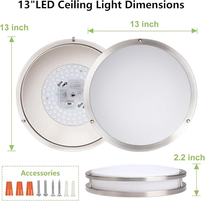 Flush Mount Ceiling Light - 2 Pack 36W 3000K/3500K/4000K/5000K/6000K Dimmable Led Ceiling Light Fixture for Kitchen Hallway Bedroom Bathroom (2, Brushed Nickel, 13 Inch)