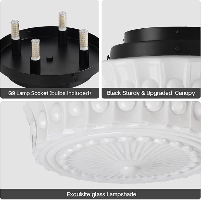 White Milk Glass Ceiling Light Fixture, 13.8'' Flush Mount Lighting for Bedroom, Hallway, Kitchen & Dining Room, Vintage Mid Century Design, 4 LED Bulbs Included, Ideal for Modern Farmhouse