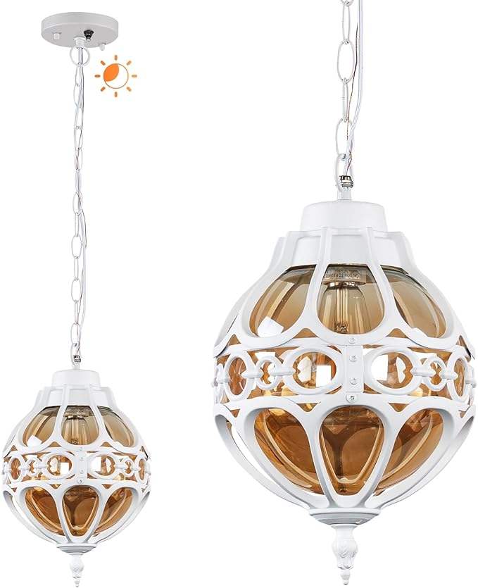 Dusk to Dawn Globe Outdoor Pendant Lights,Vintage Exterior Hanging Pendant Light Fixtures with Adjustable Chain, Aluminum White Outdoor Chandelier for Porch, Gazebo,with Sensor,General
