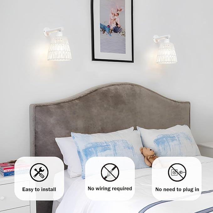 White Battery Operated Wall Sconce Set of 2, Boho Rattan Rechargeable Wall Lights with Dimmable Bulbs and Remote,15 Colors Wireless Wall Lamps for Bedroom Living Room Hallway Decor