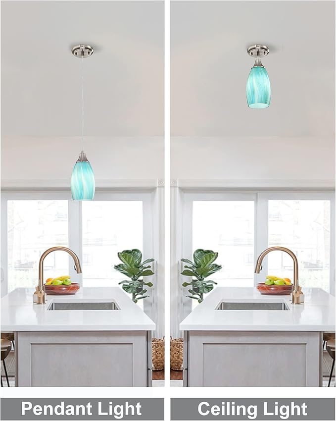 karyfine Mini Pendant Light,Handcrafted Art Glass Pendant Lighting Shade with Brushed Nickel Finished Teal Glass Ceiling Hanging lamp Adjustable Cord for Kitchen Island,Hallway,Dining Room