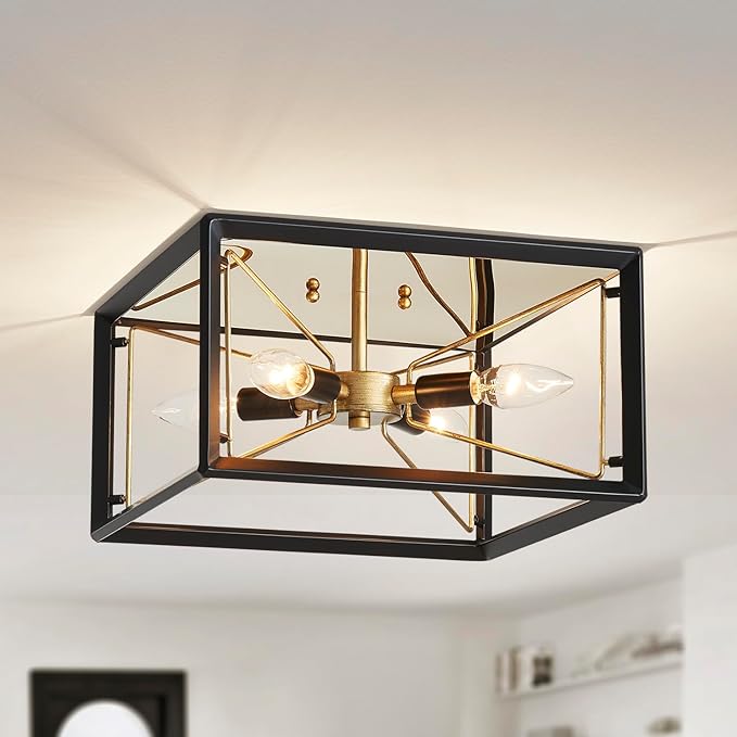 AGV LIGHTING CL047BB Modern Ceiling Light, Semi-Flushmount Close to Ceiling Light Fixture, Perfect for Living Space, D13 x H5, 4 x E12 Socket, Rustic Brass & Matte Black Finish