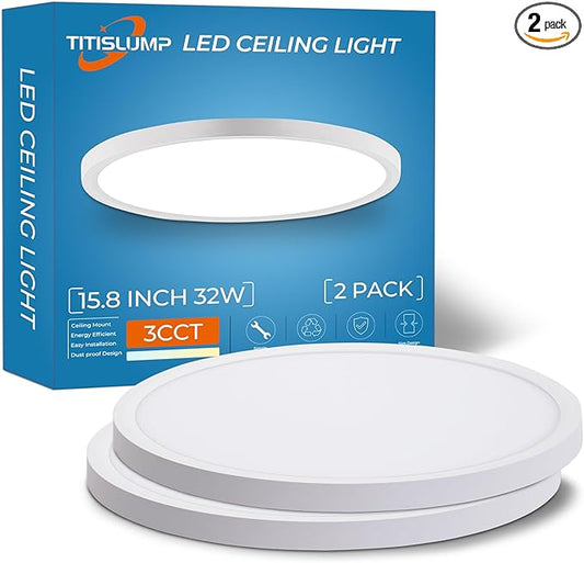 15.8 Inch Dimmable Large LED Flush Mount Ceiling Light 2 Pack, Low Profile Ceiling Light with 3 CCT (3000K/4000K/5000K), 5%-100% Dimming, Ultra-Thin 0.8", 32W 3200LM for Bedroom, Kitchen & Office