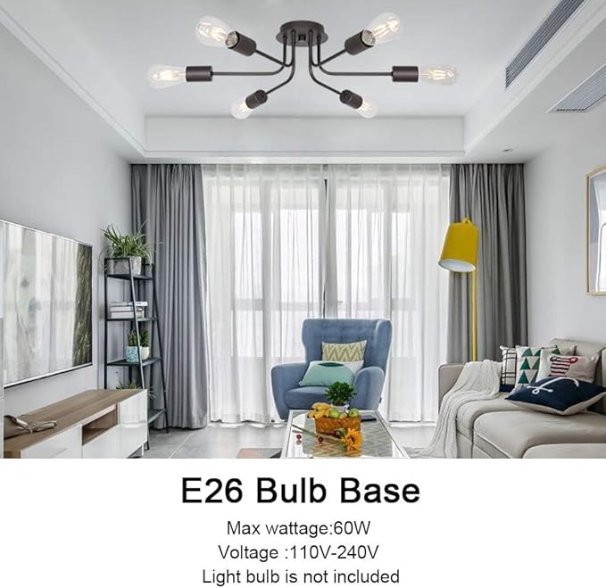 6 Light Sputnik Chandelier Oil Rubbed Bronze Ceiling Light Semi Flush Mount Light Ceiling for Kitchen Dining Room Living Room Foyer