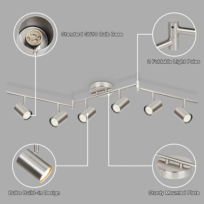 GORDNWE Track Lighting Fixtures, Black Track Light with Adjustable Track Heads, Directional Ceiling Spotlight for Kitchen, Office, Dining Room, Closet, Studio (6-Light GU10 Nickel)