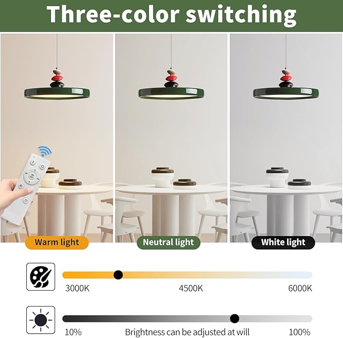 Mikeru Modern Pendant Lights, 15.8" Vintage Green Pendant Lighting Fixture with Remote Control Dimmable 3 Color Mode & Brightness Mid Century Island Light Fixture for Dining Room,Kitchen,Living Room