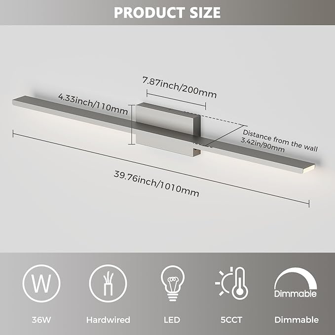 JUSHENG Brushed Nickel Vanity Lights 5CCT Dimmable Vanity Light Bar LED Bathroom Light Fixtures 39.37'' Inch 36W