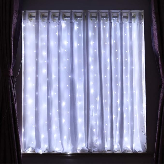 HXWEIYE White Short Curtain Lights for Small Window, 3.3x5Ft Fairy Light with Timer & 8 Clips for Bedroom, Battery Powered 96Led String Light for Indoor, Outdoor, Weddings, Party, Garden, Wall Decor
