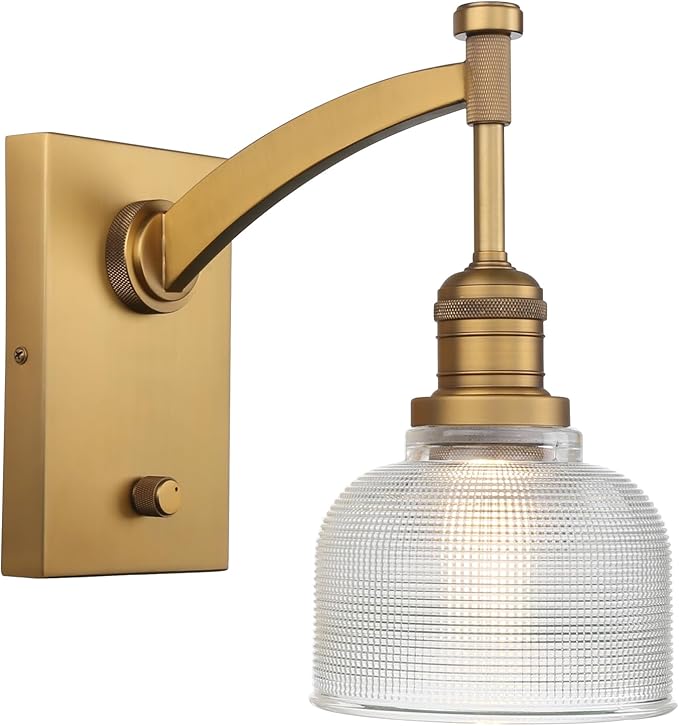 Yosoan Vintage Indoor Wall Sconce with On Off Switch, 1-Light Hardwired Vanity Industrial Boho Retro Modern Wall Mounted Bowl Texture Striped Glass Shade for Living Room Bedroom Bedroom(Antique)