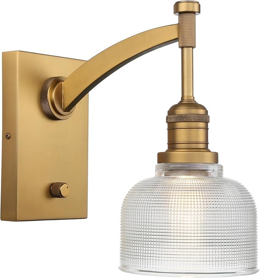 Yosoan Vintage Indoor Wall Sconce with On Off Switch, 1-Light Hardwired Vanity Industrial Boho Retro Modern Wall Mounted Bowl Texture Striped Glass Shade for Living Room Bedroom Bedroom(Antique)