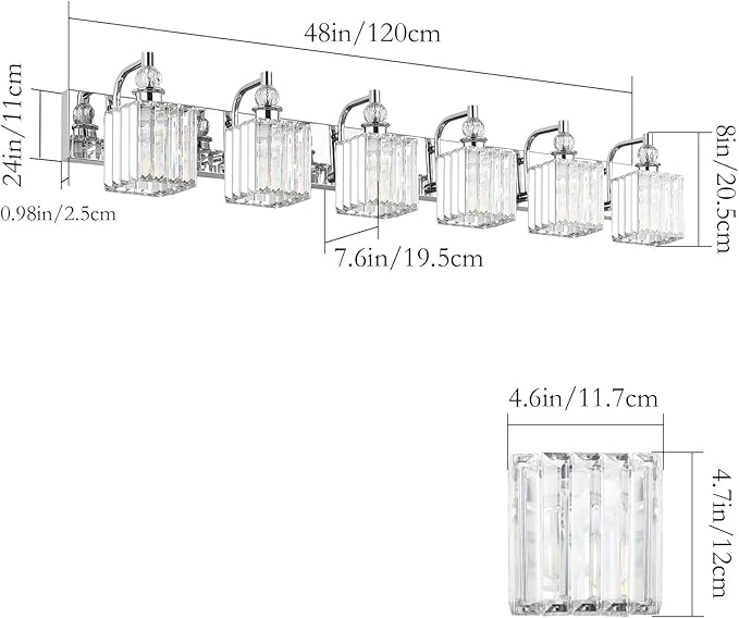 Ralbay Crystal Vanity Light 6 Light 48''Modern Chrome Bathroom Vanity Lighting Over Long Mirror Crystal Bathroom Wall Lighting Fixtures