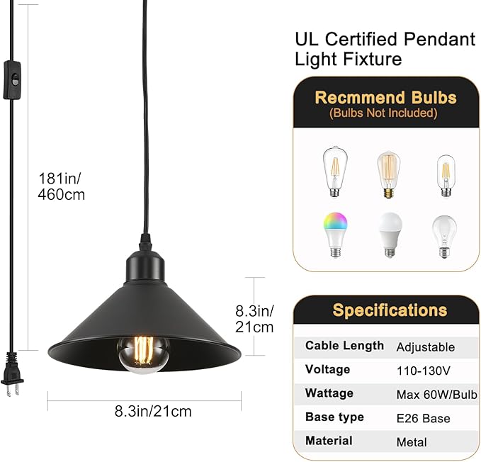 Black Plug in Pendant Light, 2 Pack Industrial Hanging Lamp Black Vintage Pendant Lighting Fixtures with 15ft Cord On/Off Switch for Kitchen Island Dinning Hall Bedroom