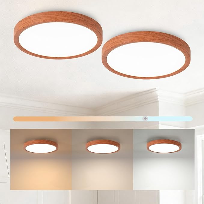 COTULIN 9 Inch LED Wood Grain Flush Mount Ceiling Light Fixtures Set of 2, Modern 22W Round Flat Overhead 3000K-4000K-6000K Selectable Ceiling Lamps for Bedroom, Living Room, Kitchen, Entryway
