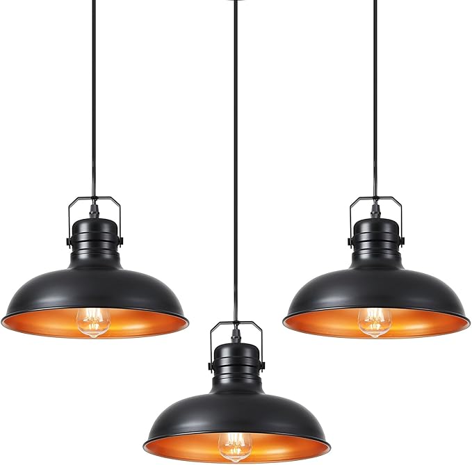Industrial Pendant Light, 10.5 Inch Farmhouse Small Black and Gold Chandelier, Vintage Hanging Light Fixture with 71'' Height Adjustable Cord for Kitchen Island, Dining Room, Bedroom - 3 Pack