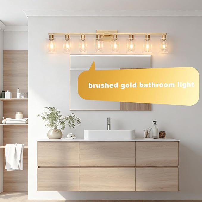 8 Light Bathroom Vanity Light Gold Bathroom Light Fixtures Brass Vanity Lights for Bathrrom 46 in Large Wall Sconce Brush Gold with Clear Glass Shade for Over Mirror