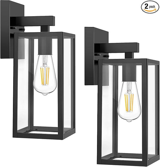 MAXvolador Outdoor Wall Sconce, Exterior Waterproof Wall Lantern Light Fixtures, Black Porch Lights with Toughened Glass Shade, Anti-Rust E26 Socket Front Door Mount Lighting, 2 Pack