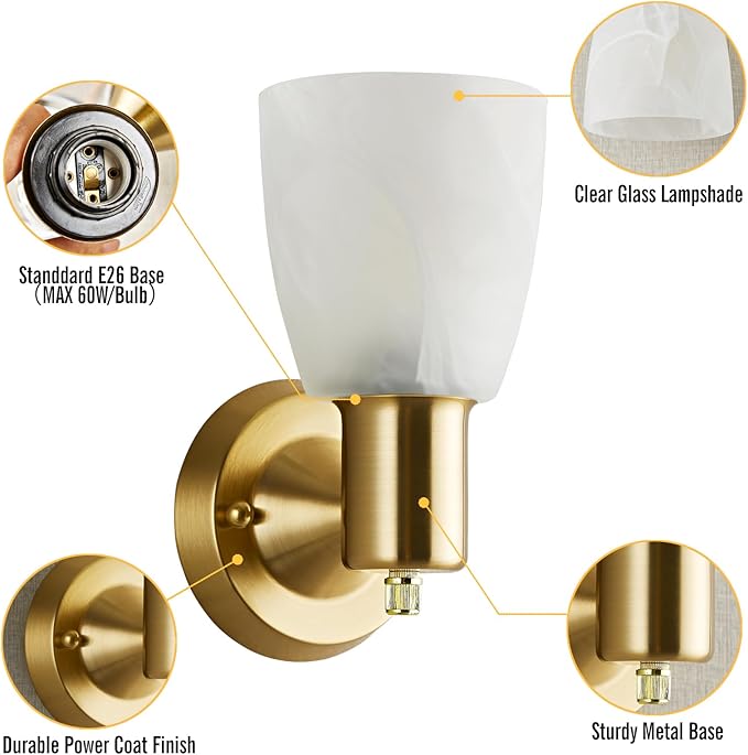 EJIAXIN Wall Sconces Set of 2, Gold Vanity Lights for Bathroom, Modern Wall Light Fixtures with Rotary Switch, Wall Mount Light with Frosted Glass, Farmhouse Lamp for Bedroom Living Room