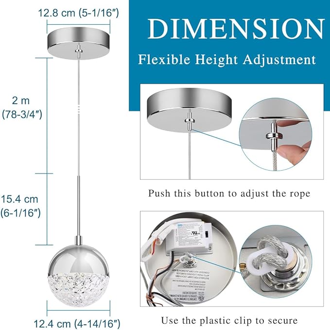 Pendant Lights Kitchen Island Chrome, Height Adjustable Modern LED Pendant Lighting, Crystal Globe Chandelier for Dining Room, 8W, 3000K/4000K/5000K Selectable, Dimmable, ETL 3-Pack