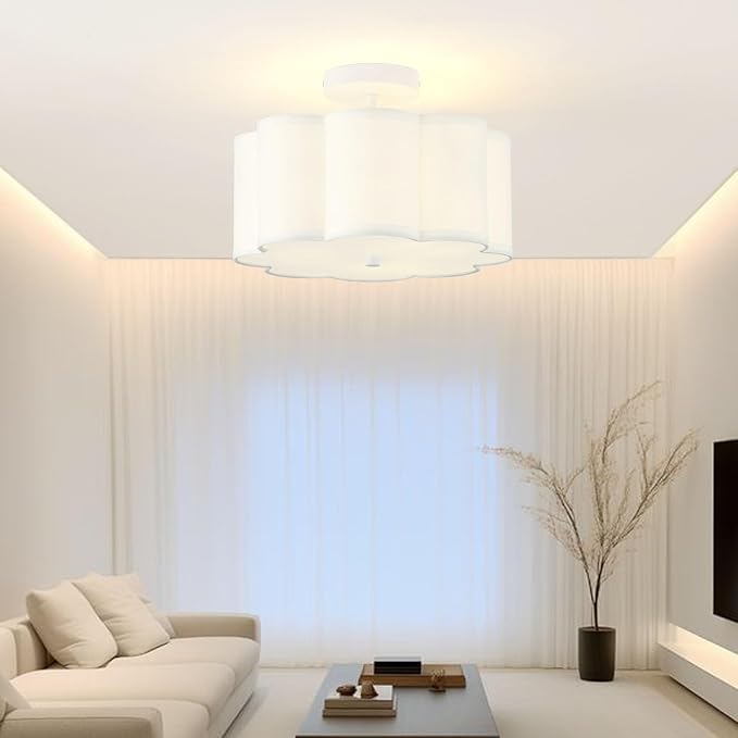 13.3"Semi Flush Mount Ceiling Light Fixture, 3-Light Modern Close to Ceiling Light With Fabric Flower-Shaped Shade, Light Fixtures Ceiling Mount for Bedroom Nursery Kids Room Living Room(White)