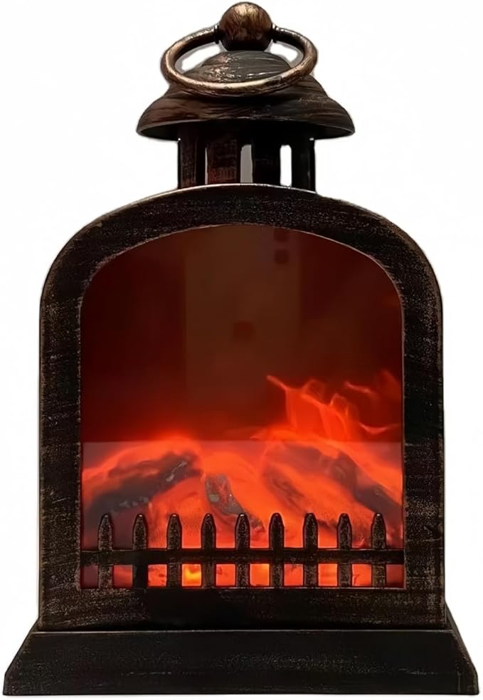 Simulated LED Fireplace Lantern USB & Battery Powered Flameless Light with Emulation Flame Table Decorative Lamp Copper Fireplace Ornament for Cozy Home Decor Free Standing Electric Log Burner