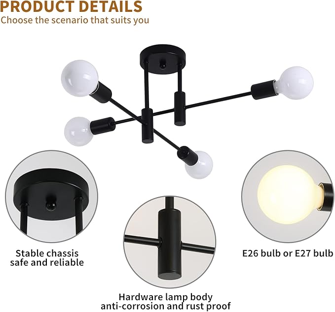Garwarm Black Semi Flush Mount Ceiling Light Fixture, 4-Light Modern Industrial Sputnik Chandelier Light Fixture, Flush Mount Ceiling Lamp for Kitchen Dining Room Bedroom Foyer Entryway Hallway Closet