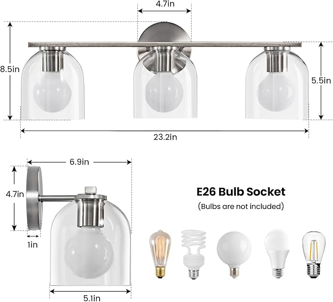 WOSHITU Bathroom Vanity Light Fixtures: 23.3 Inch Modern Brushed Nickel Bathroom Vanity Lights Over Mirror with Clear Glass Shade, 3-Light Farmhouse Vanity Lights Fixture