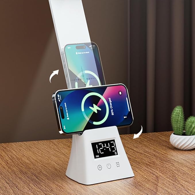 IHAO 3in1 Foldable Eye-Care Desk Lamp with 15W Wireless Charger & Digital Clock Touch Control, 3 Color Temperatures, Alarm, 180° Foldable, Phone Stand, Modern LED Table Lamp TYV-2088 Black