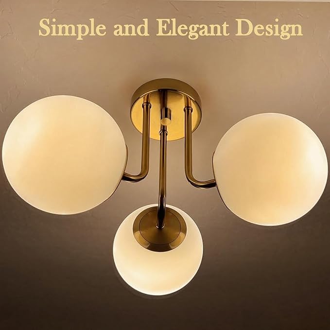 Mid Century Modern Brass 3-Light Gold Ceiling Light, Sputnik Ceiling Light Fixture with Globe White Glass, Semi Flush Mount Ceiling Light for Living Room Hallway Foyer, E26 Base
