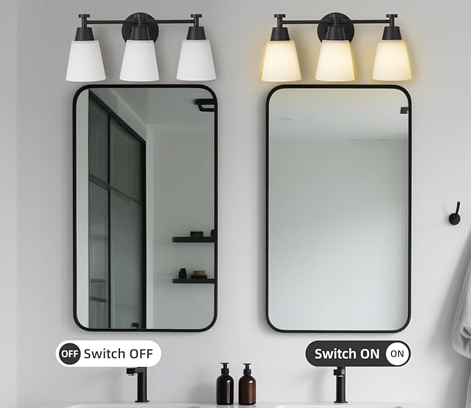 3 Light Bathroom Vanity Light, Modern Matte Black Stainless Steel Over Mirror Vanity Light Fixture with Frosted Glass, Wall Sconces Lighting for Bedroom Living Room