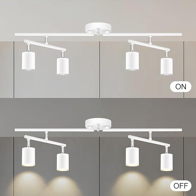 Track Lighting Fixtures Ceiling, 4-Light LED Track Lighting Kit, 30" Modern White Ceiling Spot Lighting, Flexibly Rotatable Head, Wireless Wall Light for Bedroom/Kitchen/Hallway(GU10 Socket, NO Bulb)