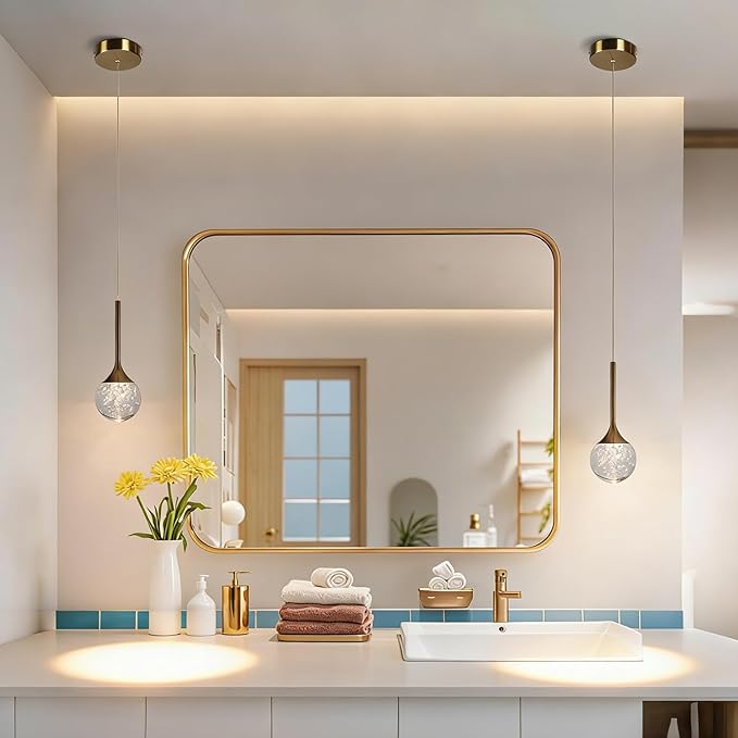 Brushed Brass Crystal Pendant Lights, Globe Bubble Crystal Ceiling Hanging Light Fixture, Dimmable LED Light Fixture for Kitchen Island Dining Room Bar Bedroom, 3000K