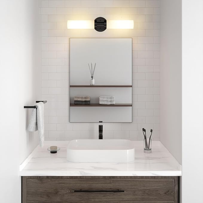 SANTOSTOCK Black Bathroom Light Fixtures, 2-Light Wall Sconces Lighting W/White Glass Shade, Modern Vanity Lights for Mirror, Wall Mounted Lamp, E26 T10 Bulbs(Excluded)