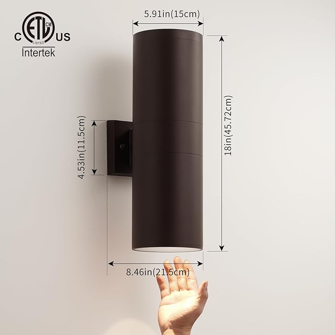 mirrea 18" Modern Outdoor Porch Light Patio Light in 2 Lights with Aluminum Cylinder and Tempered Glass Cover Waterproof Wall Sconce 2 Pack (Oil Rubbed Bronze)