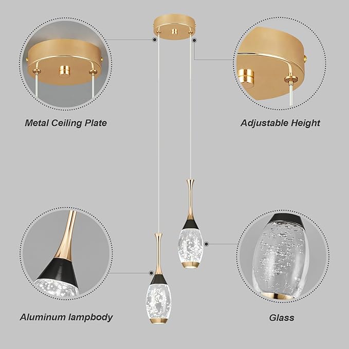 Modern Black Gold Pendant Light Dimmable LED Ceiling Light Fixtures Mini Teardrop Crystal Pendant Lighting for Kitchen Island Bedroom Hallway Entryway (2 Light，Champagne Gold)
